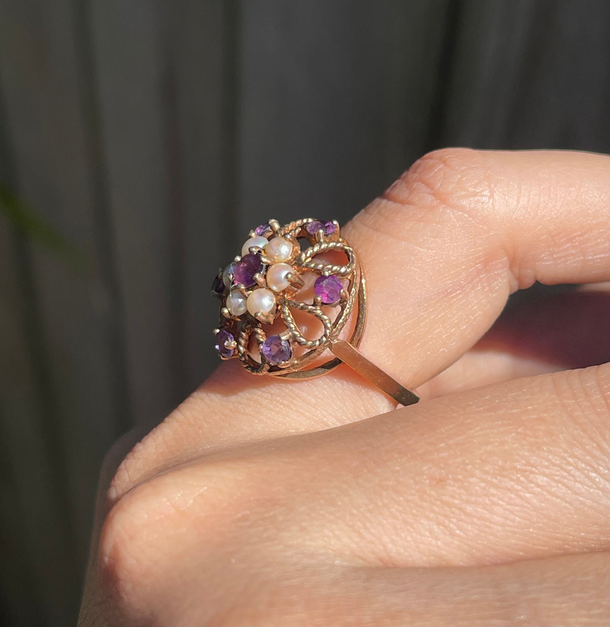 Vintage London 1973 natural purple amethyst seed pearl flower ring in 9ct rose gold