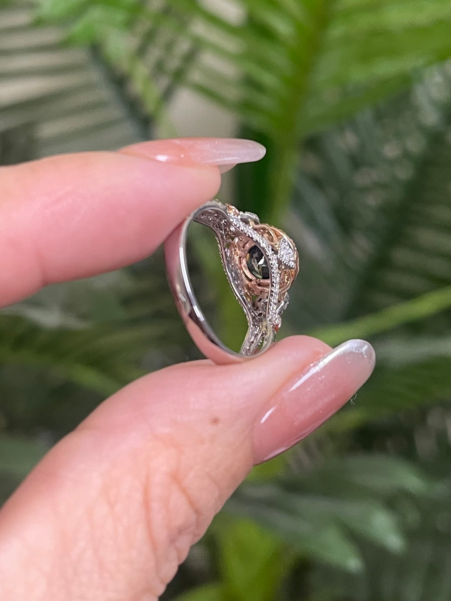 1.08ct Natural Teal Blue Diamond & 0.78ct White Diamond Ring In 14ct White & Rose Gold