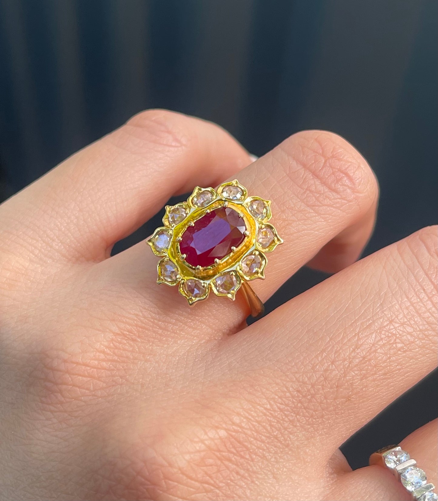 Antique style 2.5ct Ruby & Rose-Cut Diamond Cluster Ring in 14ct Yellow Gold