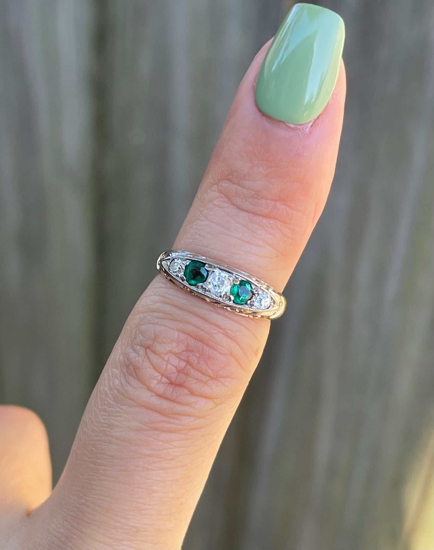 UK Antique Natural Emerald & Old Cut Diamond Ring In 18ct Yellow Gold