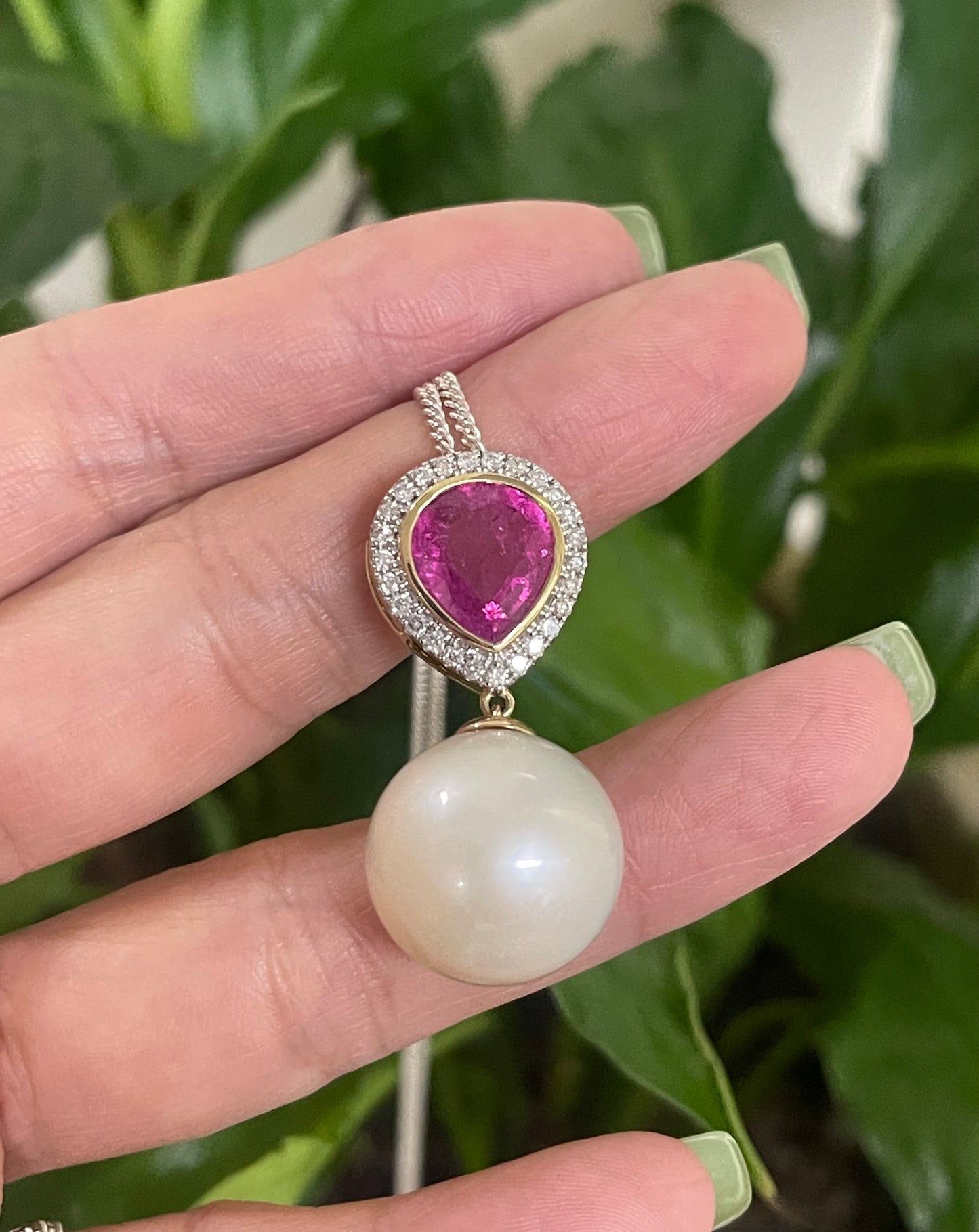 Genuine South Sea Pearl & Tourmaline Diamond Pendant In 14ct Yellow Gold ( No Chain)