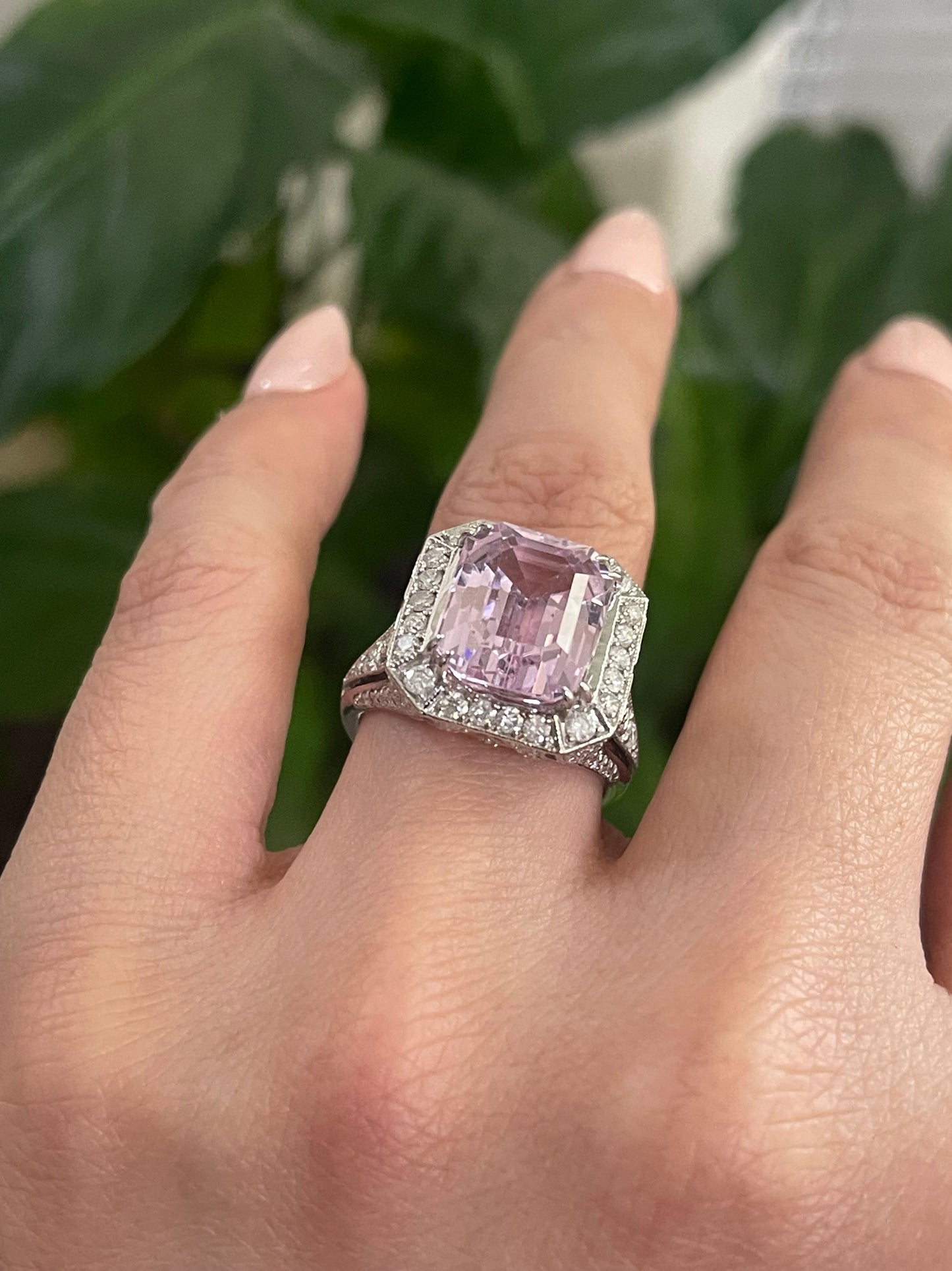 Art Deco Style 7.71ct Natural Kunzanite 1.25ct Natural Diamond Ring In 14ct White Gold