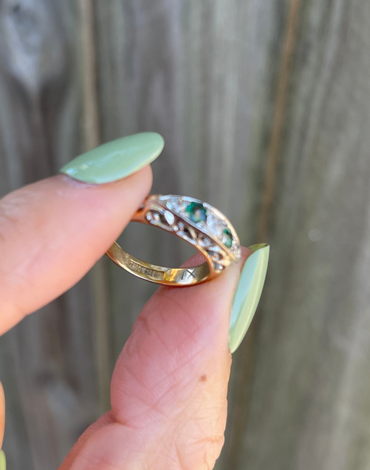UK Antique Natural Emerald & Old Cut Diamond Ring In 18ct Yellow Gold
