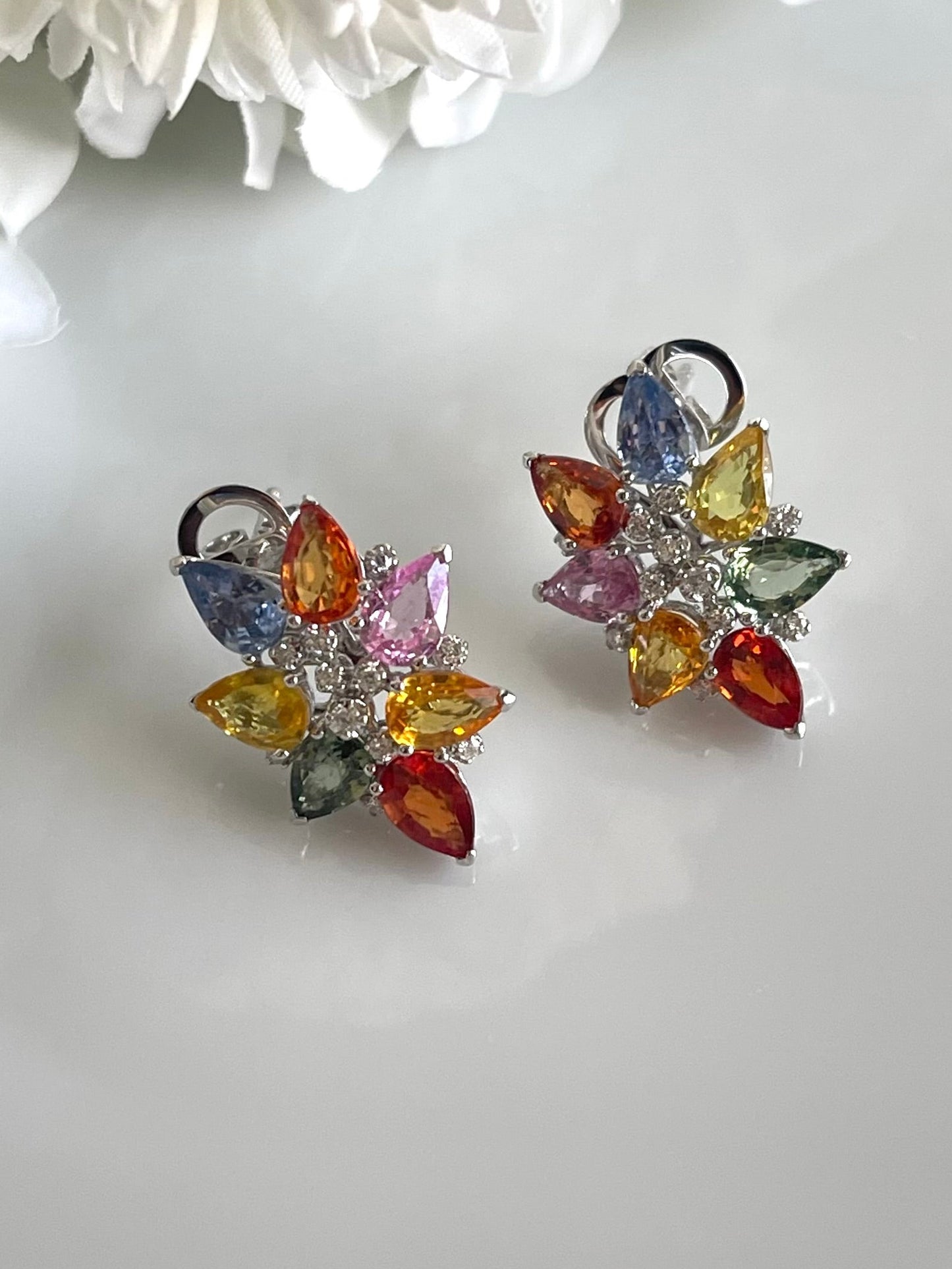 6.75ct Sapphire Diamond Flower Earrings in 14ct white gold