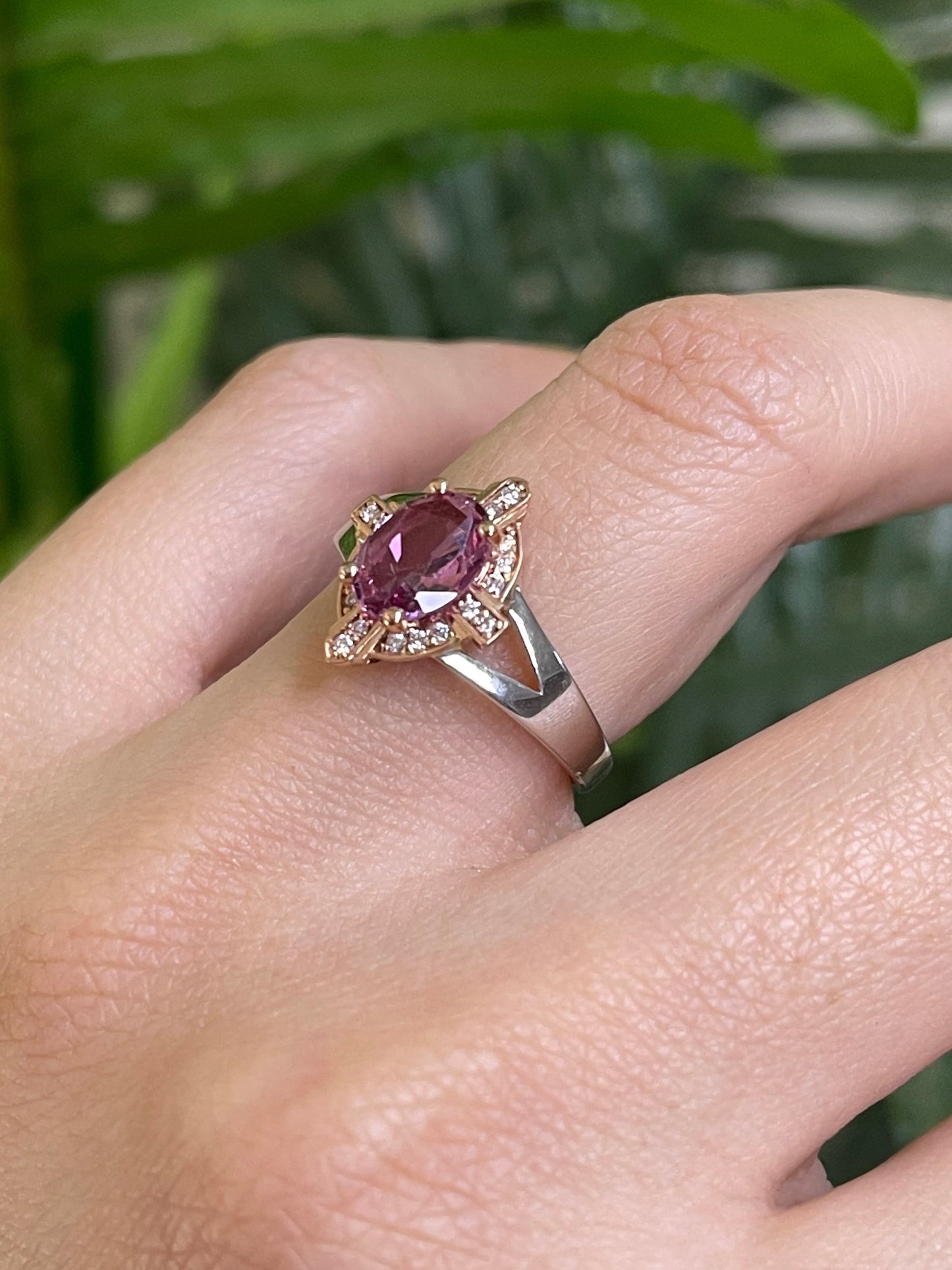 Art Deco Style Natural Pink Diamond Pink Sapphire Ring In 14ct Rose Gold & White Gold