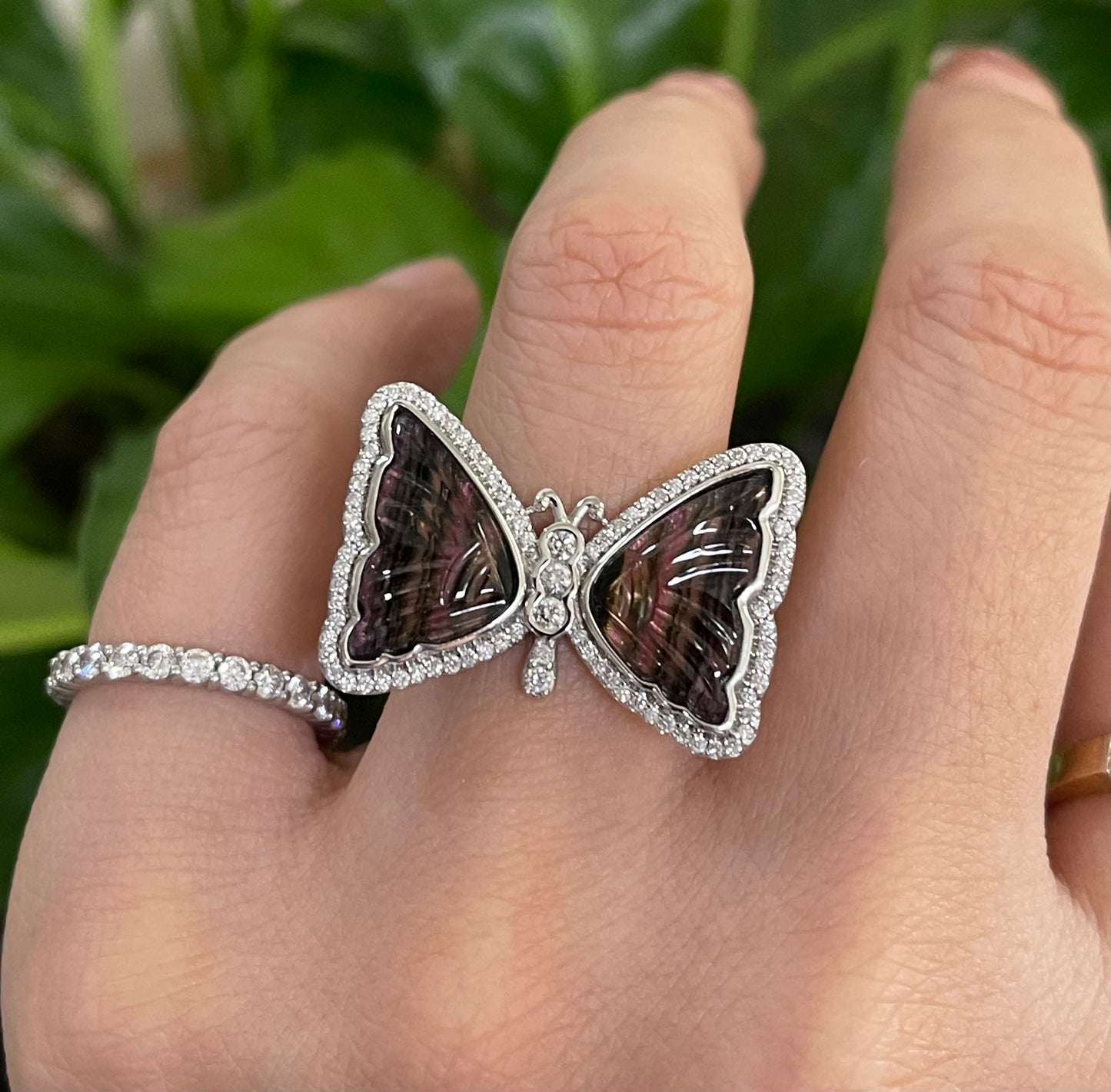 Papillon d’Art – Hand-Carved Natural Tourmaline & Diamond Butterfly Ring in 14ct White Gold