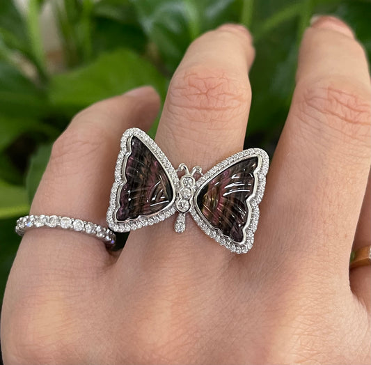 Papillon d’Art – Hand-Carved Natural Tourmaline & Diamond Butterfly Ring in 14ct White Gold