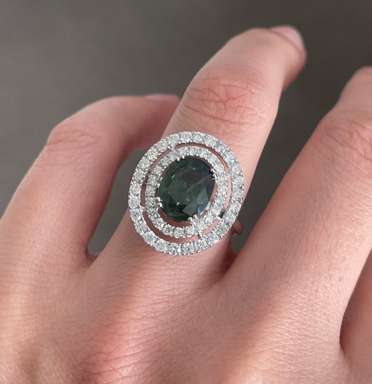 Natural Green Sapphire Diamond Halo Ring In 14ct White Gold