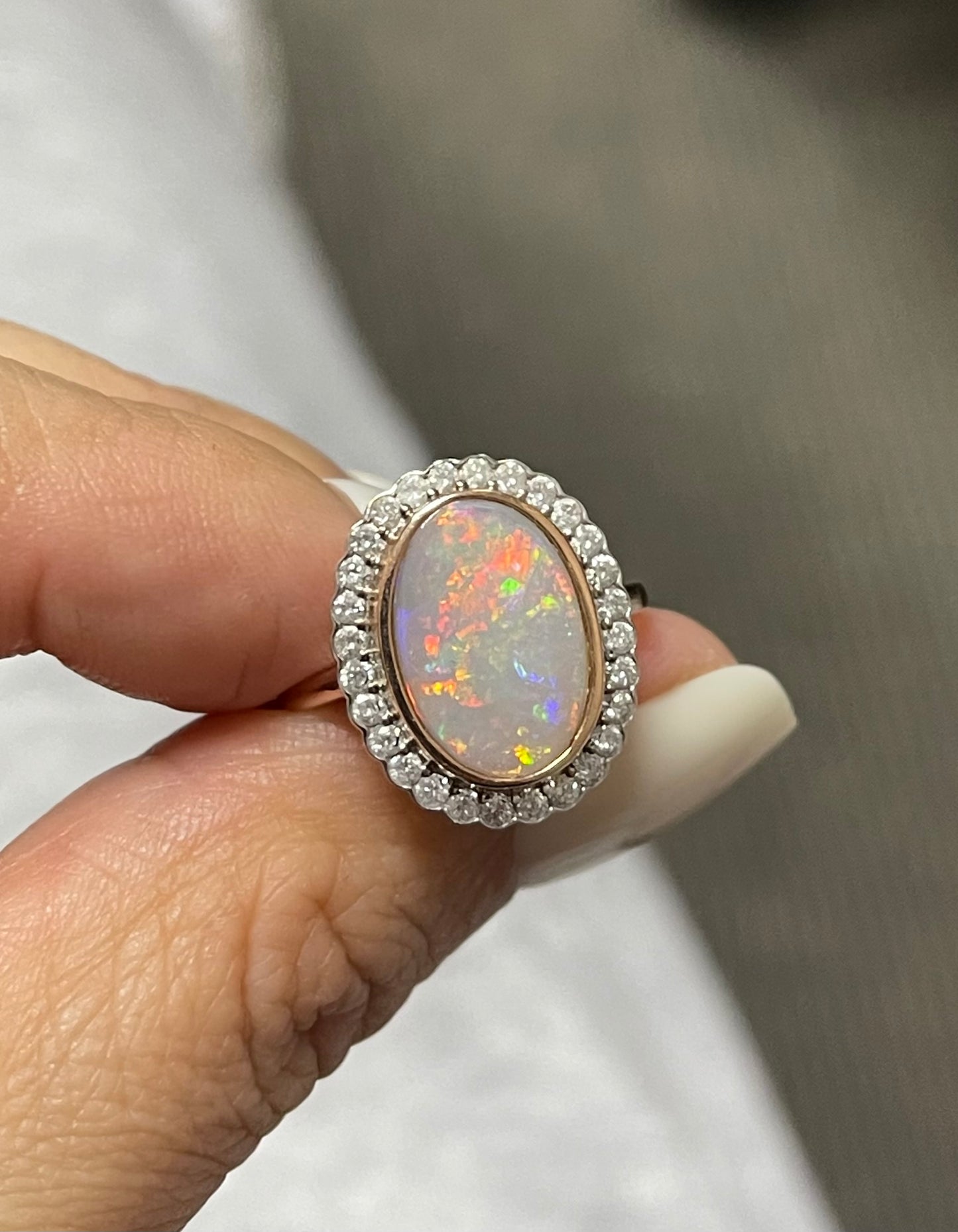 Natural Solid Australian Andamooka Opal & Diamond Ring In 14ct Rose & White Gold