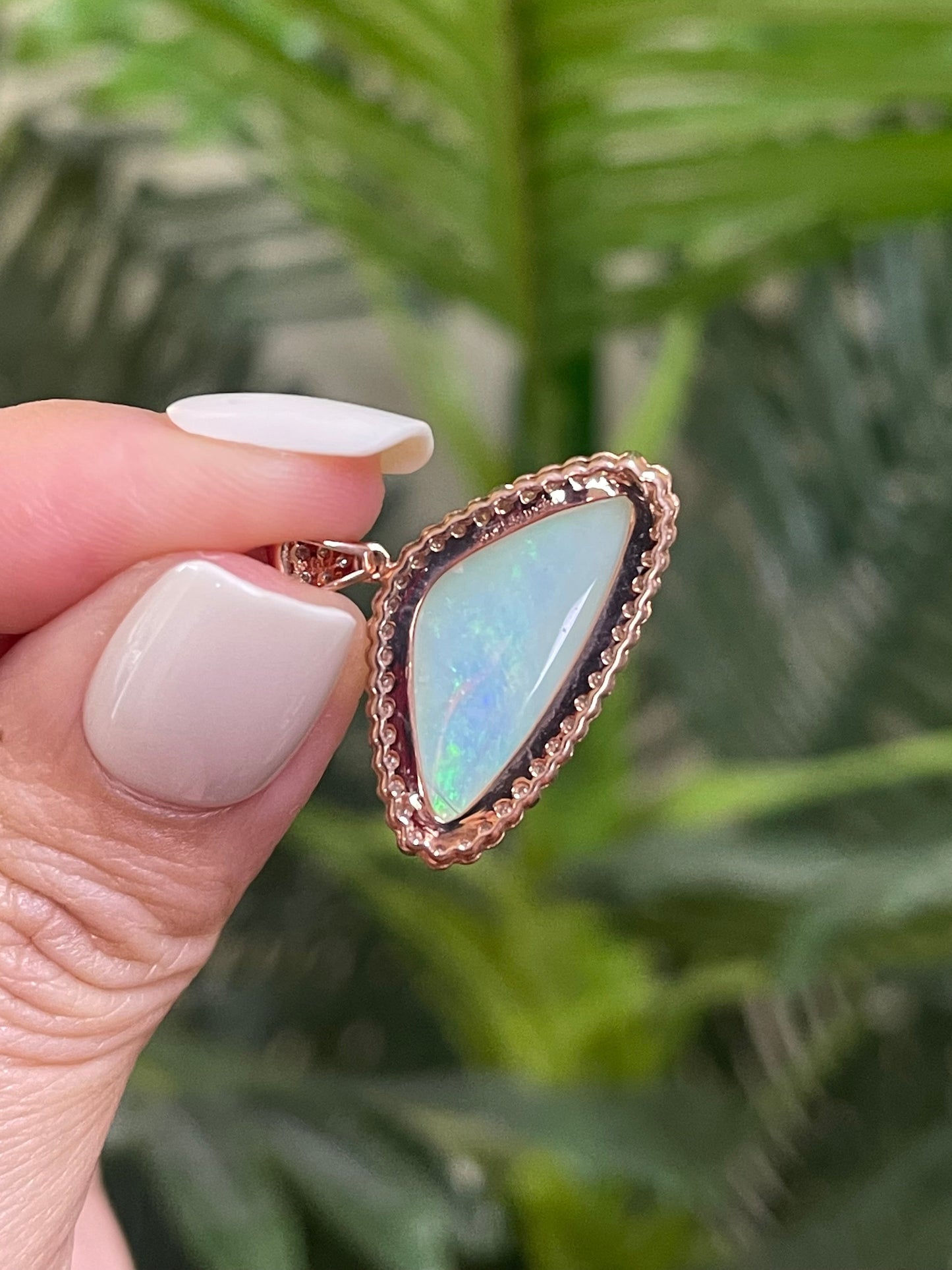 5.45ct Natural Solid Australian Crystal Opal & Diamond Pendant In 14ct Rose Gold