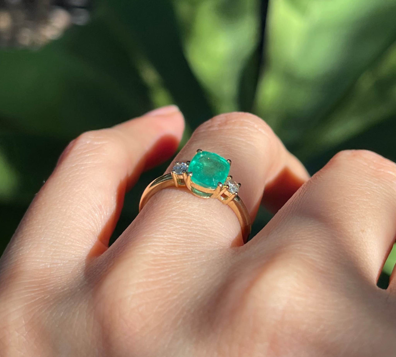 Classic 1.5ct Emerald Diamond Trilogy Ring In 9ct Yellow Gold