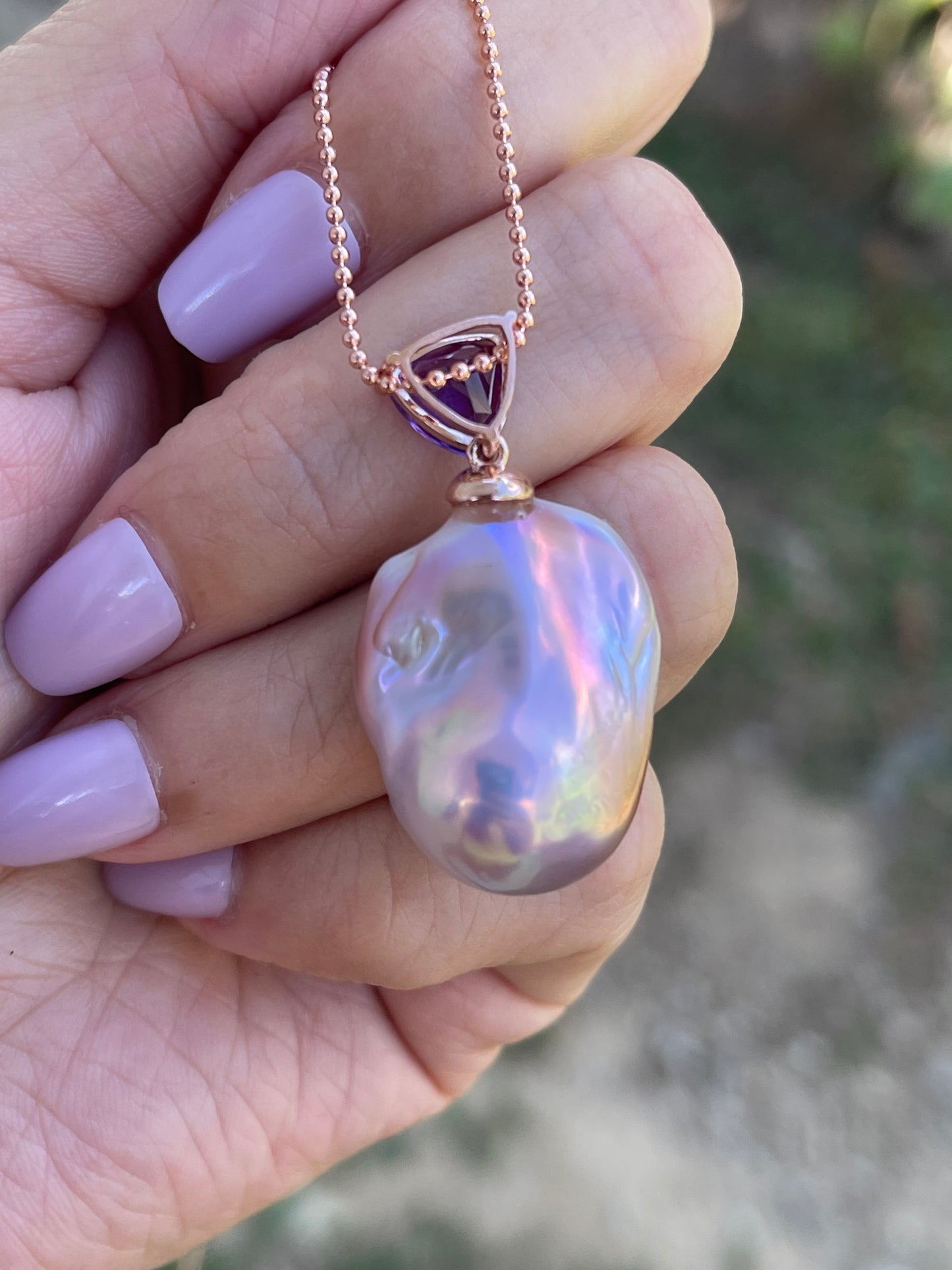 Statement Lavender Baroque Pearl Pendant & Amethyst in 9ct Rose Gold