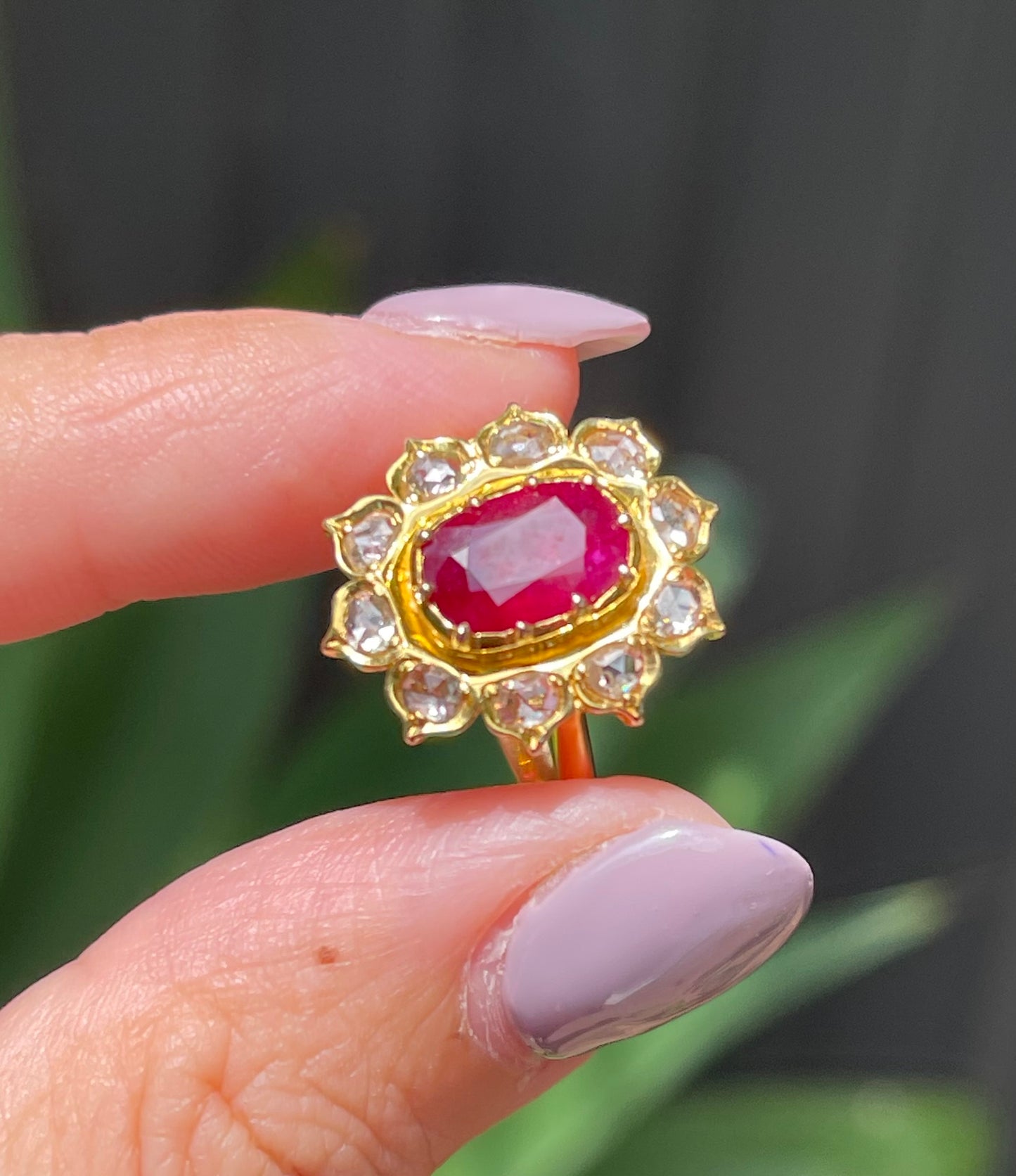 Antique style 2.5ct Ruby & Rose-Cut Diamond Cluster Ring in 14ct Yellow Gold
