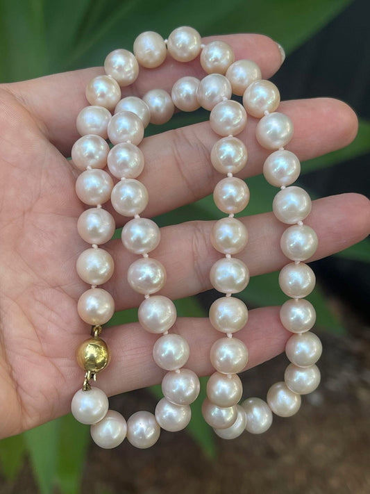 Vintage 9ct yellow gold genuine pink pearl necklace