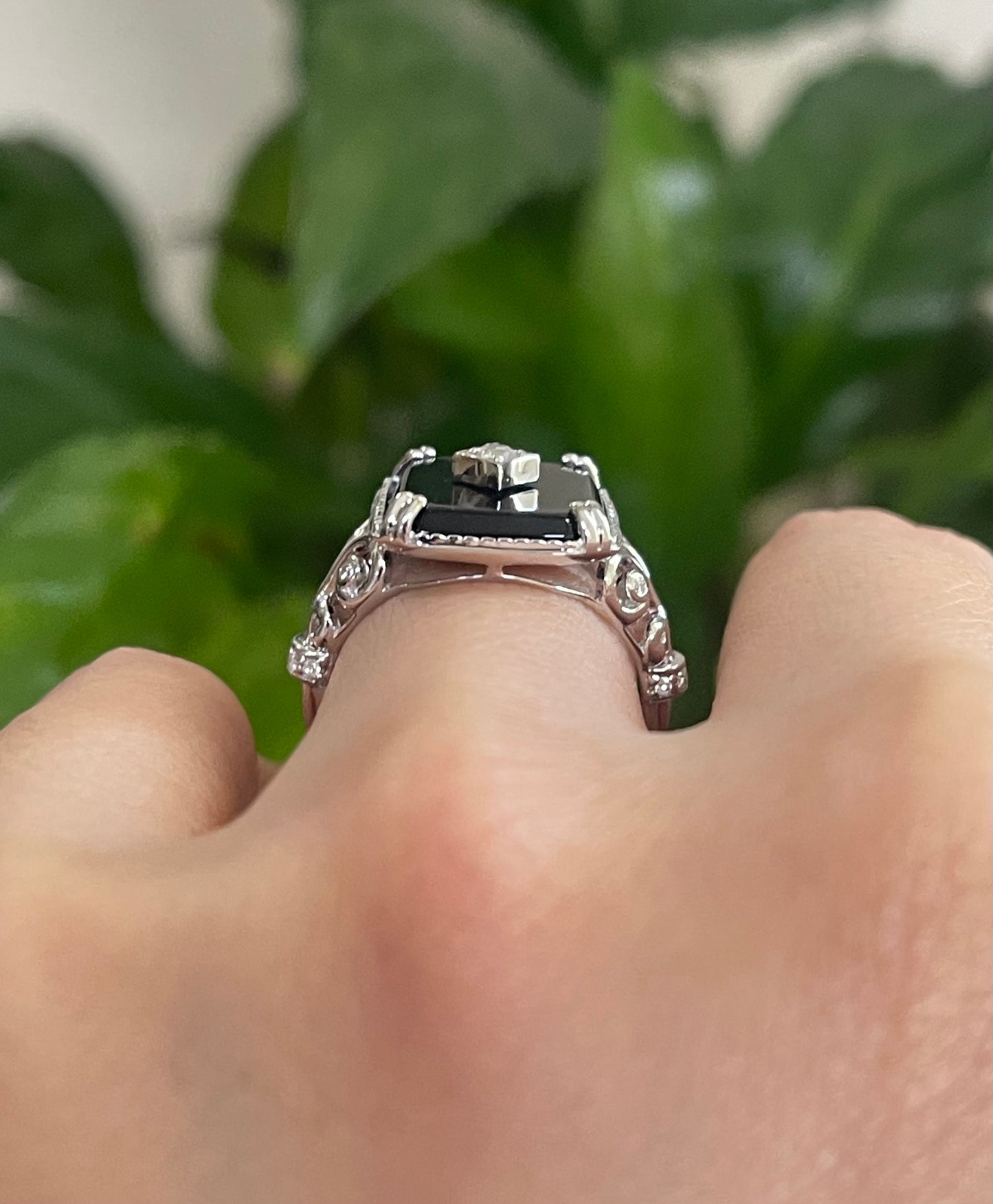 Art Deco Style Onyx & Old Cut Diamond Ring In 14ct White Gold