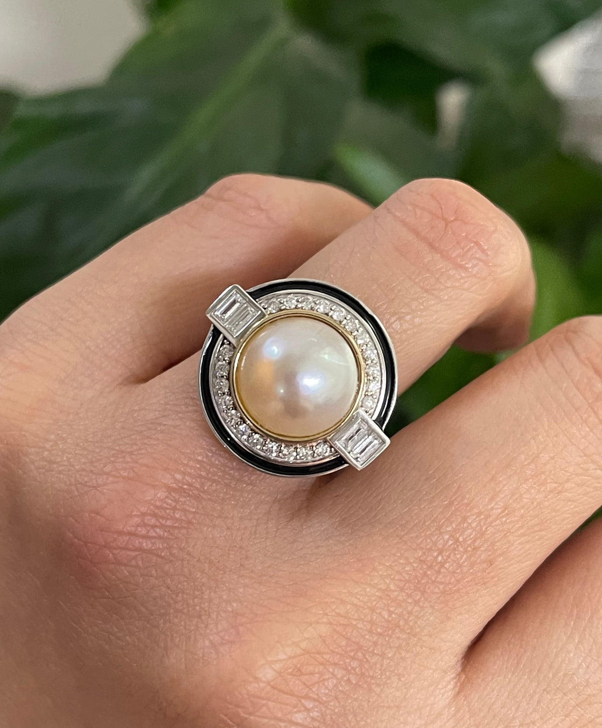 Art Deco Inspired South Sea Mabe Pearl & Diamond Ring with Black Enamel In 14ct White Gold