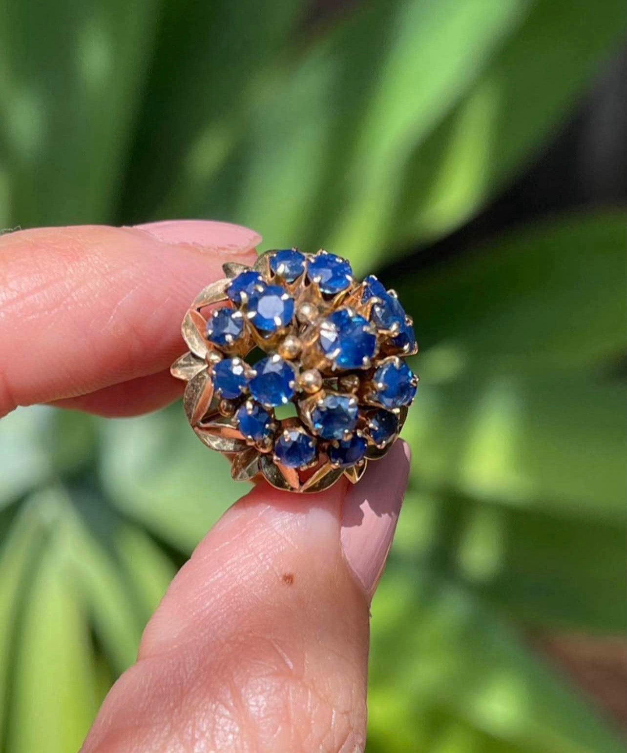 Vintage Triple Halo Natural Blue Sapphire Cluster Ring in 10ct Yellow Gold