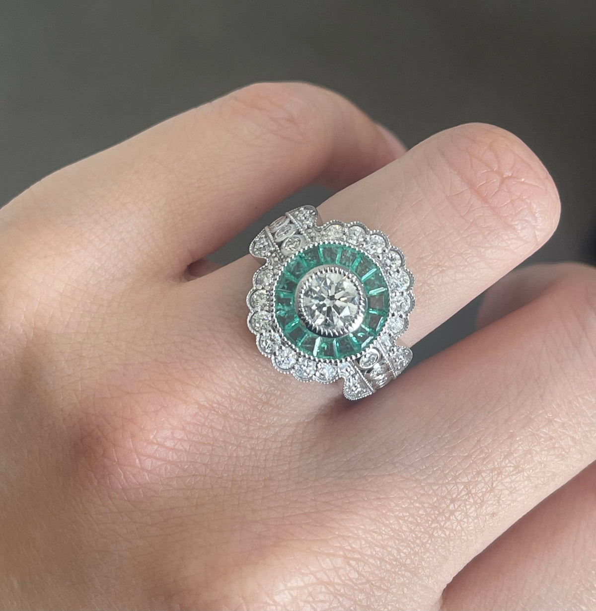 Art Deco Style 1.73ct Natural Diamond Emerald Ring In 14ct White Gold