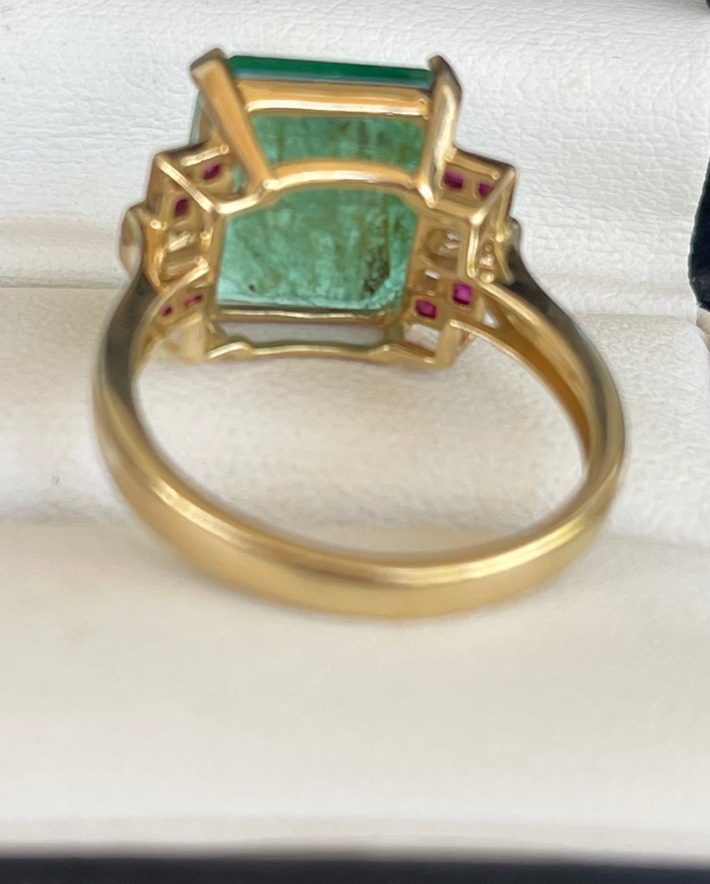 Val $15,400 14ct yellow gold Art Deco Inspired 5ct Natural Colombian Emerald, Ruby & Diamond Ring