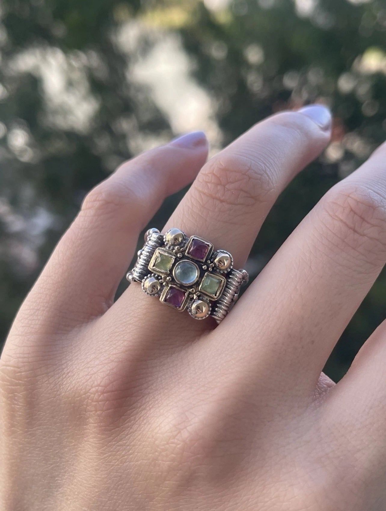 18ct yellow gold & sterling silver aquamarine & tourmaline wide band