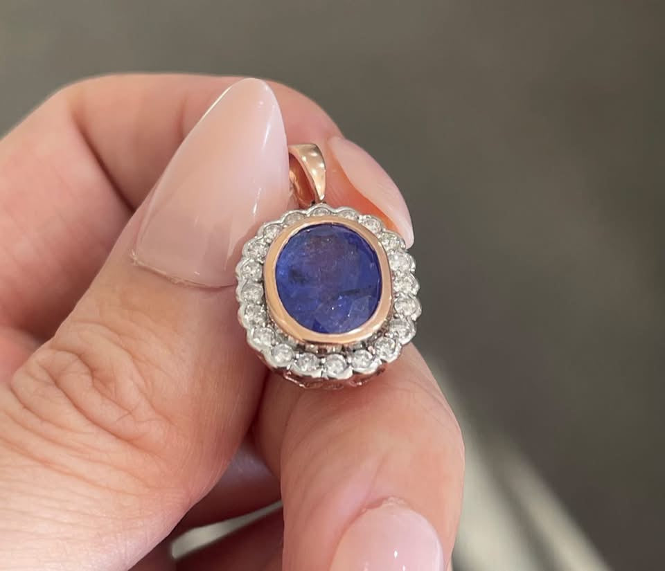 4.83ct Natural Tanzanite Diamond Halo Pendant In 14ct Rose Gold