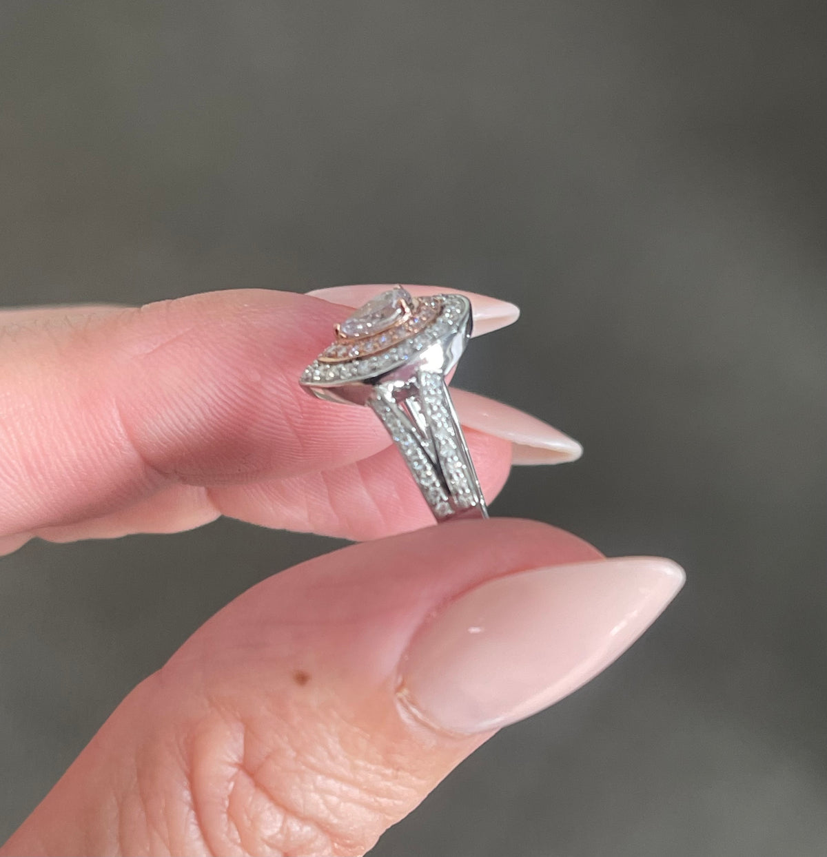 Natural Fancy purplish pink diamonds Halo Ring In 14ct White Gold