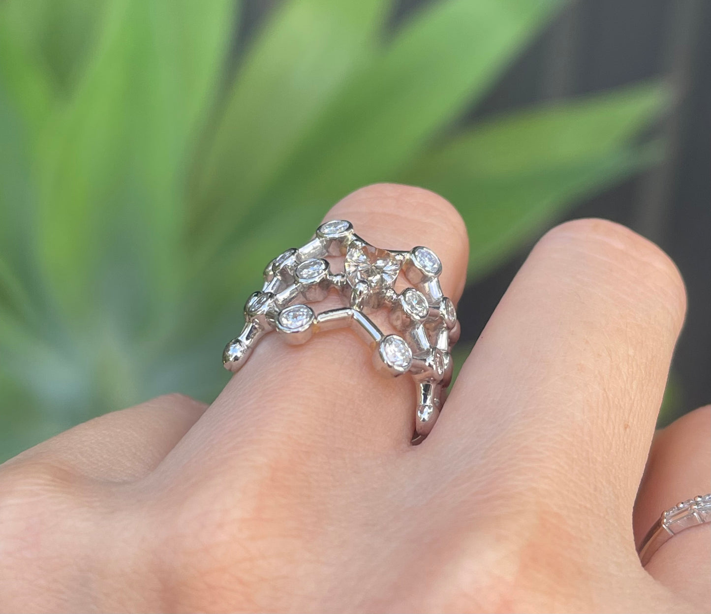11.8grams 900 Platinum 1.63ct Natural Champagne Diamond geometric / architectural Ring