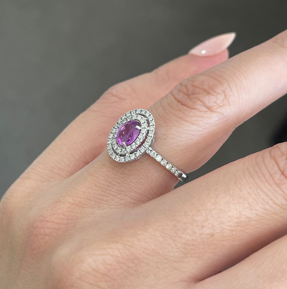 Natural Pink Sapphire Diamond Double Halo Ring In 14ct White Gold