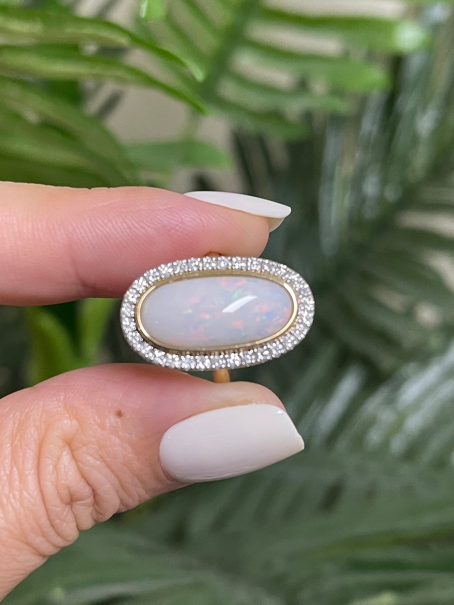 Natural Solid Australian Coober Pedy Crystal Opal & Diamond Halo Ring In 14ct Yellow Gold