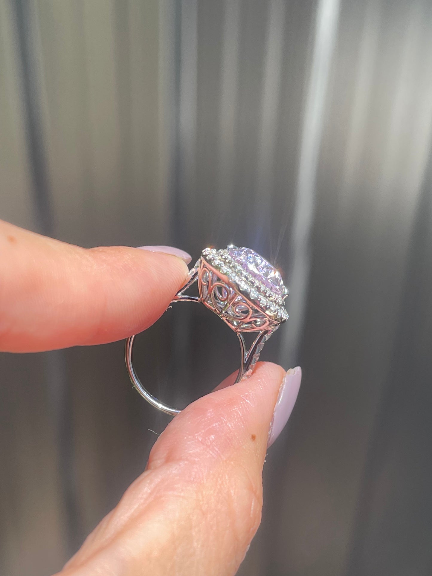 14ct white gold natural pear shaped Kunzite diamond halo ring