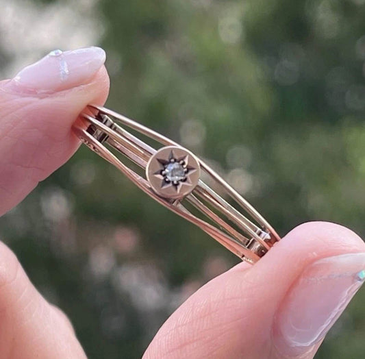 Antique 9ct Rose Gold Old Mine Cut Diamond Scarf Clip - Starburst Design