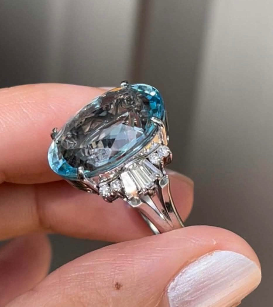 Handmade 12.16ct Natural Aquamarine Diamond Ring In Heavy 900 Platinum