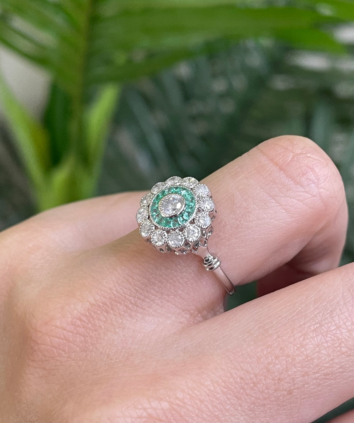 Art Deco Inspired Natural Diamond & Emerald Ring In 14ct White Gold