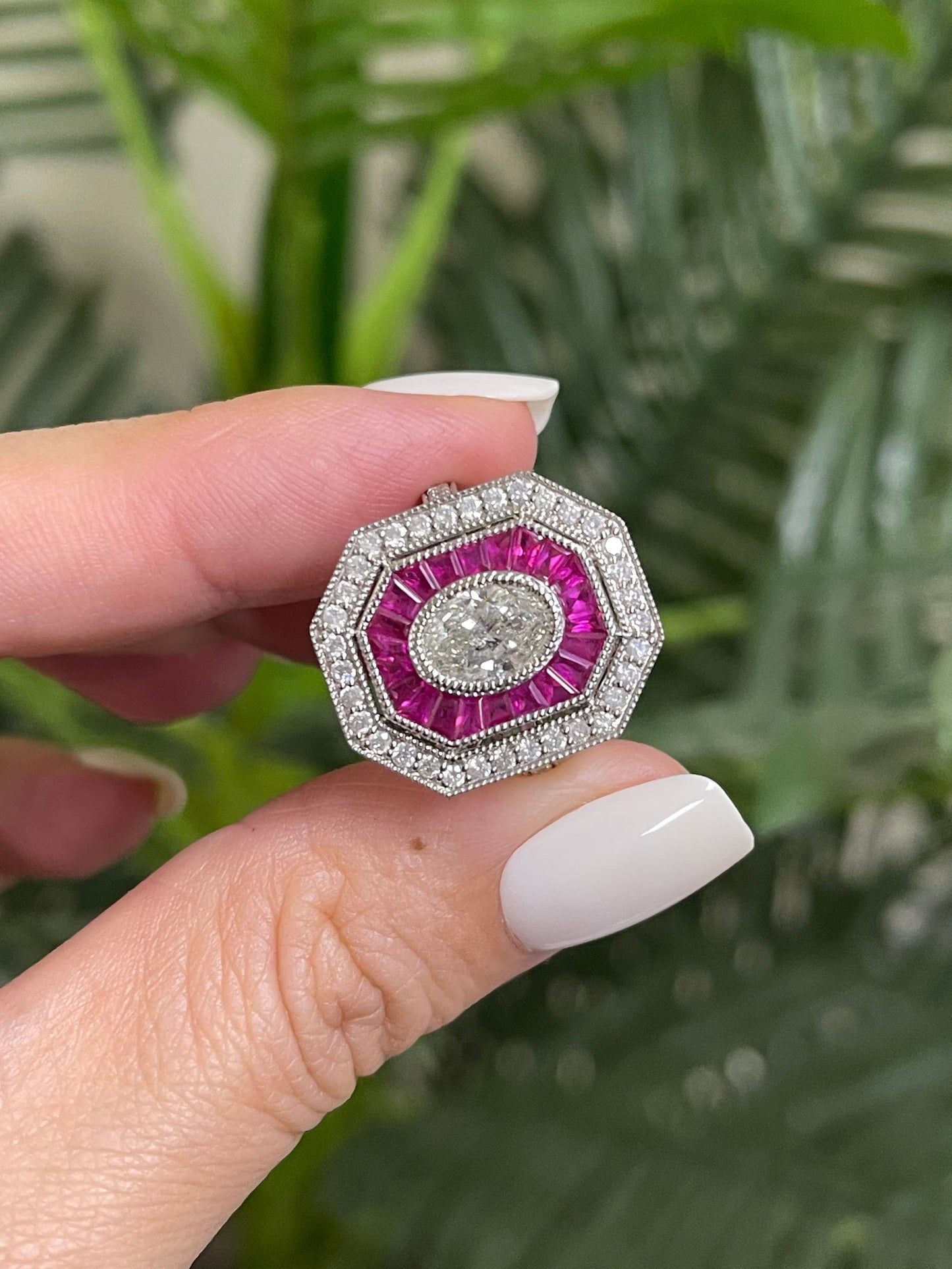 Art Deco Inspired Natural Ruby & Diamond Ring In 14ct White Gold