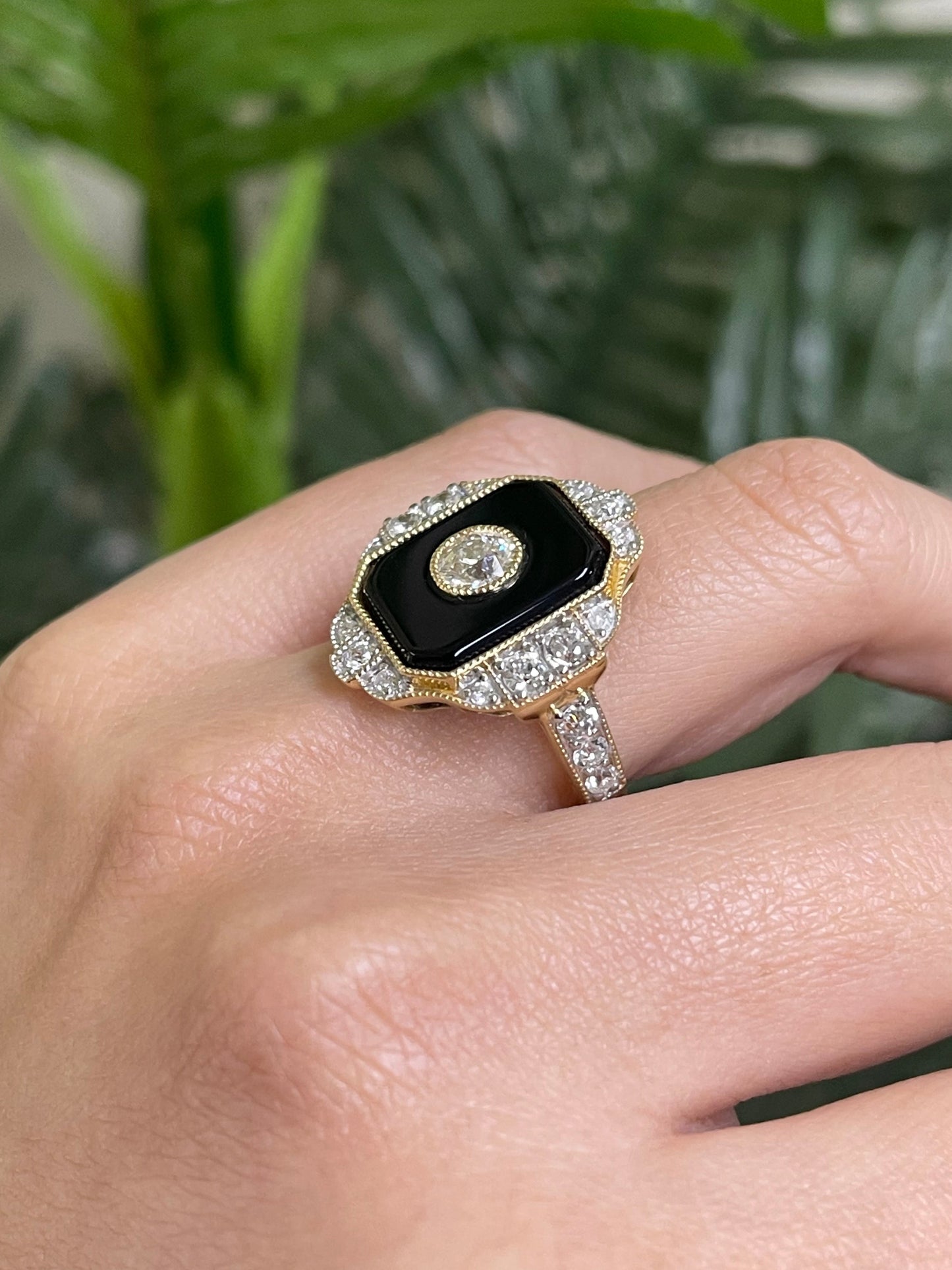 Art Deco Inspired Black Onyx Natural 1.52ct Old Cut Diamond Ring In 14ct Yellow Gold