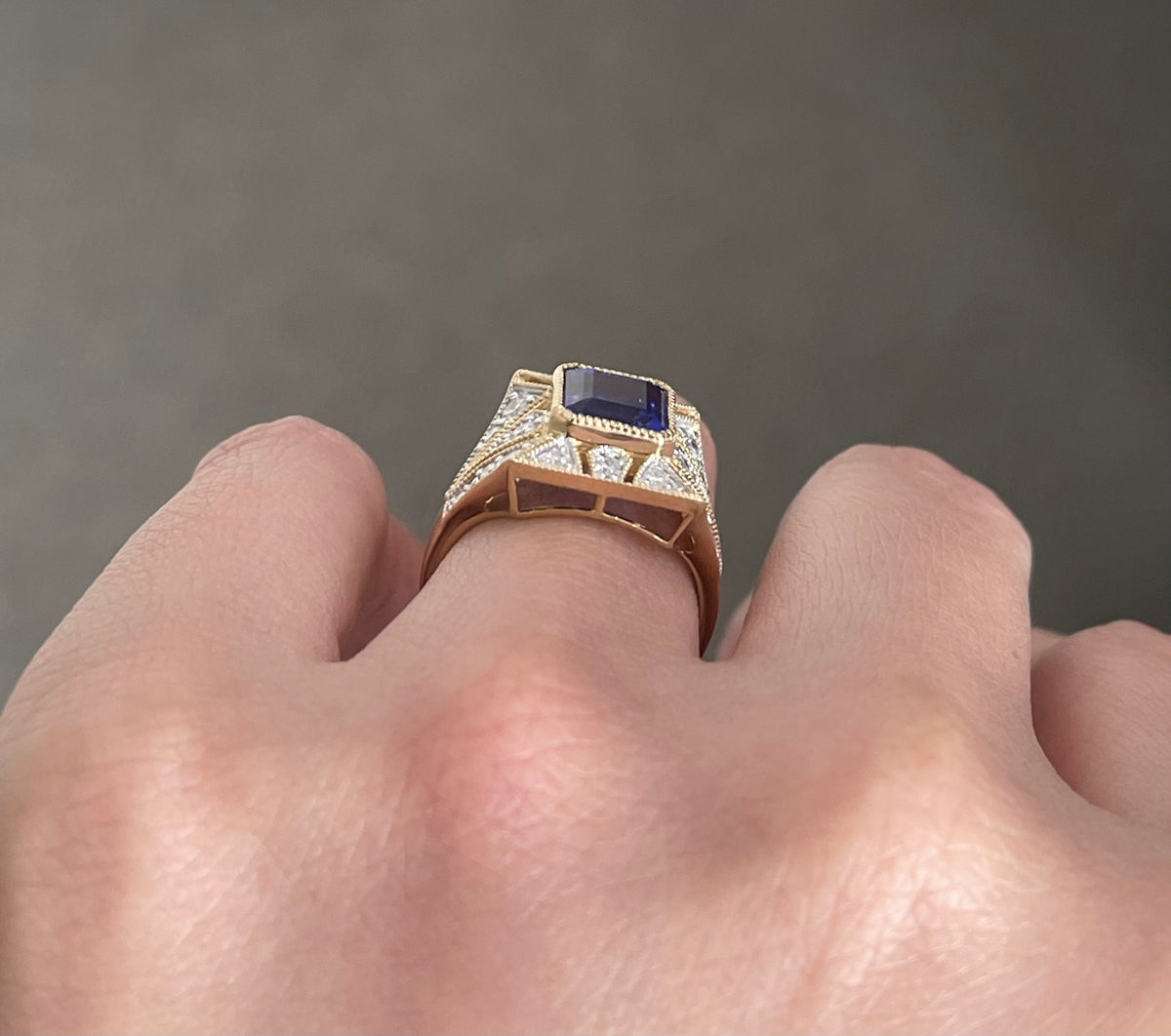 Imperial Art Deco Style Natural Tanzanite Diamond Ring In 14ct Yellow Gold