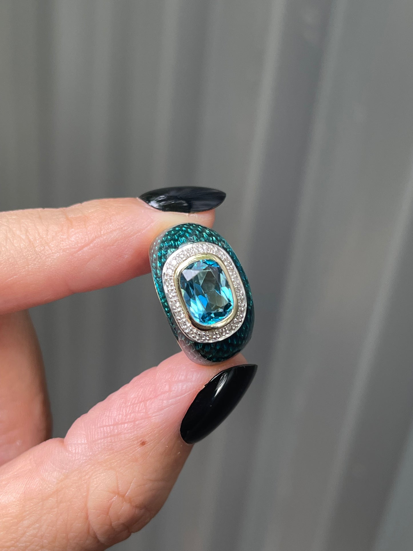 Blue Topaz & Diamond Snakeskin Pattern Enamel Ring in 14ct Yellow Gold