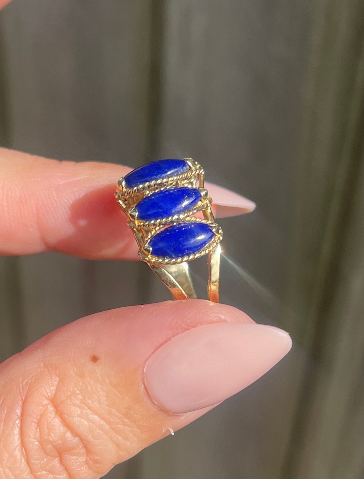 Vintage 5 Stone Marquise Cut Lapis Ring In 14ct Yellow Gold