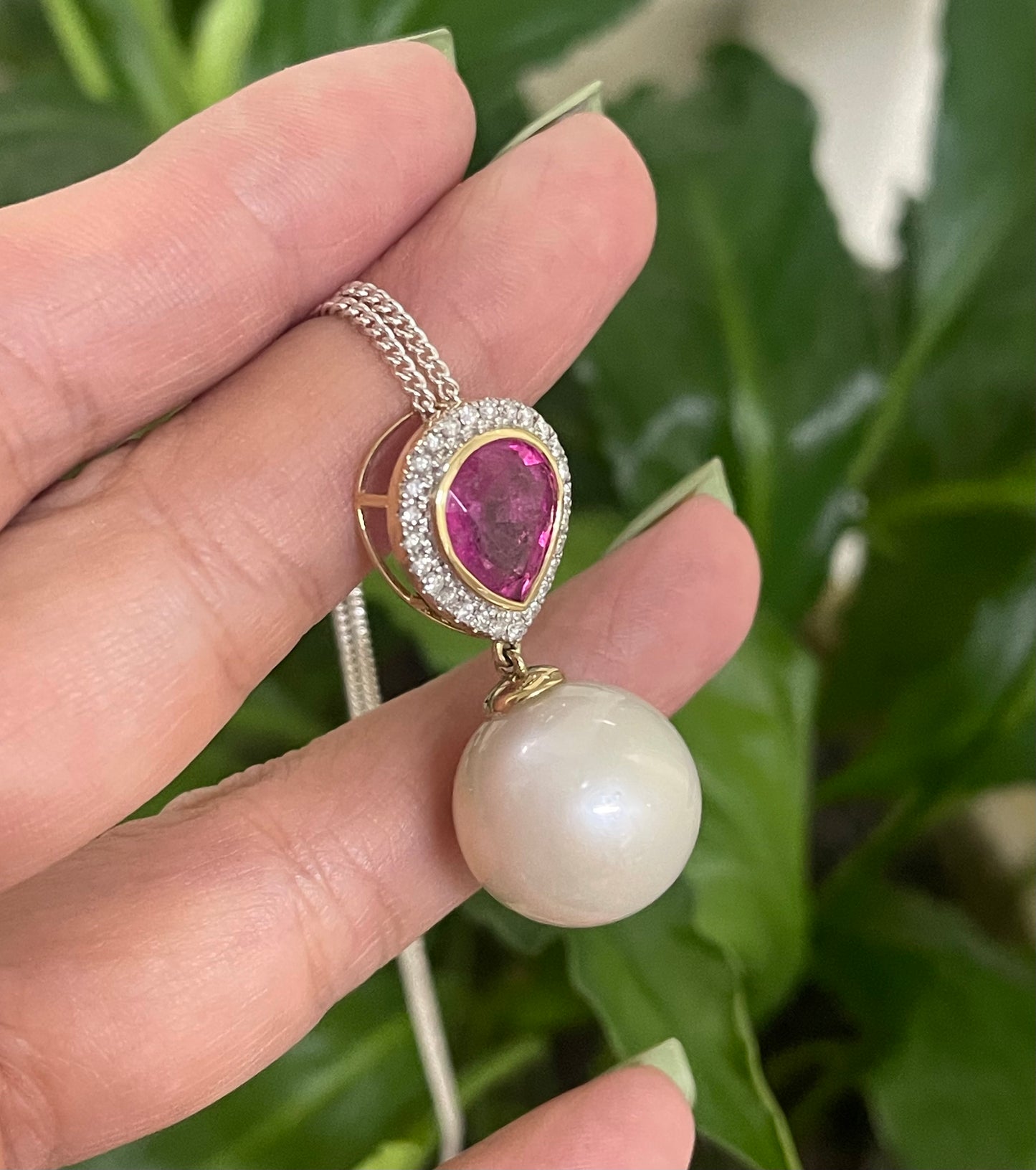 Genuine South Sea Pearl & Tourmaline Diamond Pendant In 14ct Yellow Gold ( No Chain)