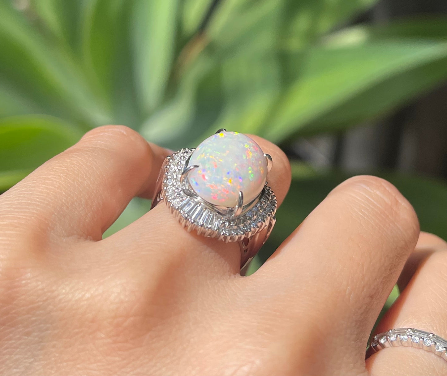 6.5ct Australian Solid Opal & Diamond Ring in 900 Platinum – Rare Harlequin Pattern with Fiery Red Flash