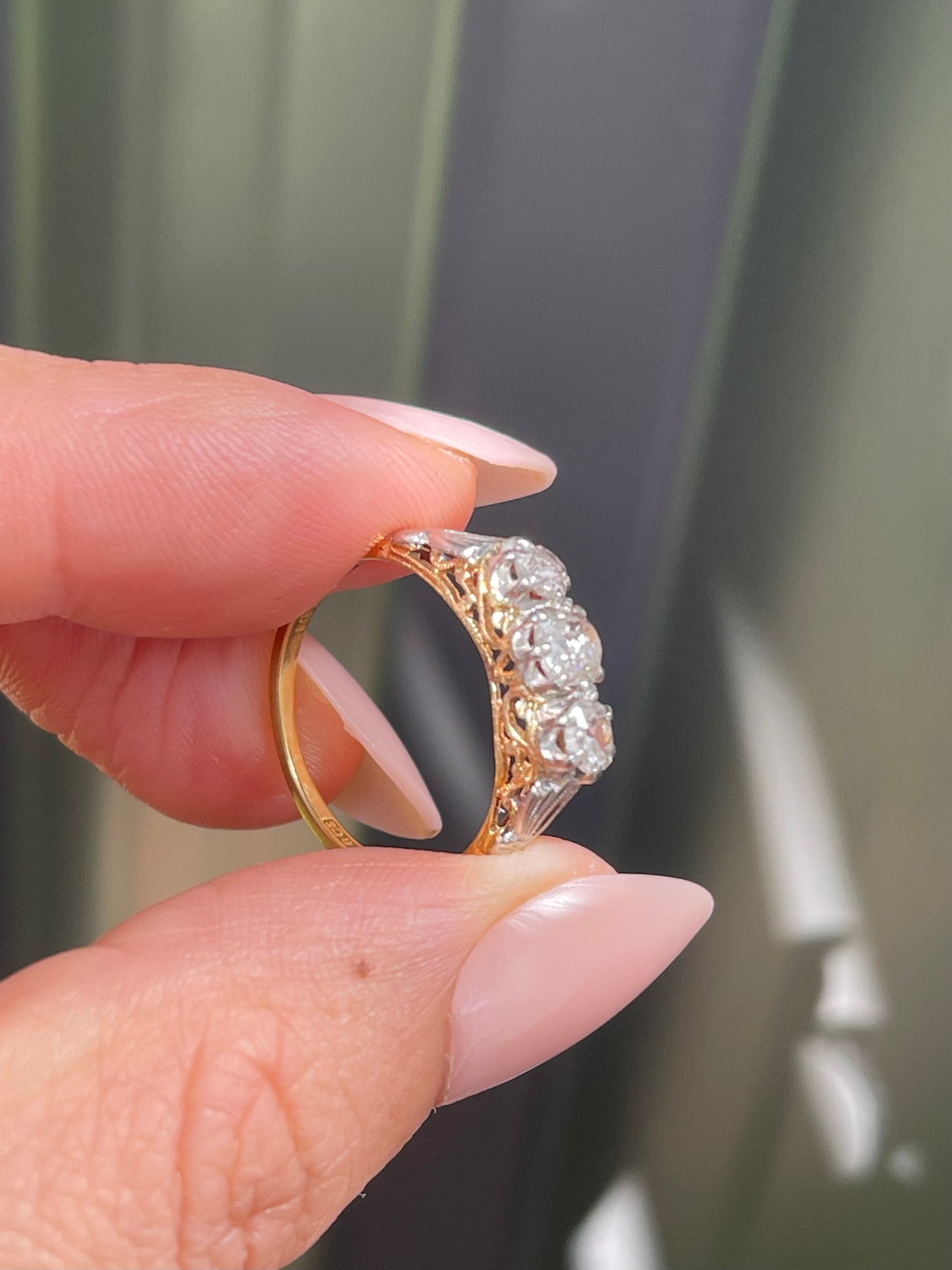 Antique 1ct Old Cut Diamond Trilogy Ring In 18ct Yellow Gold & Platinum Mount
