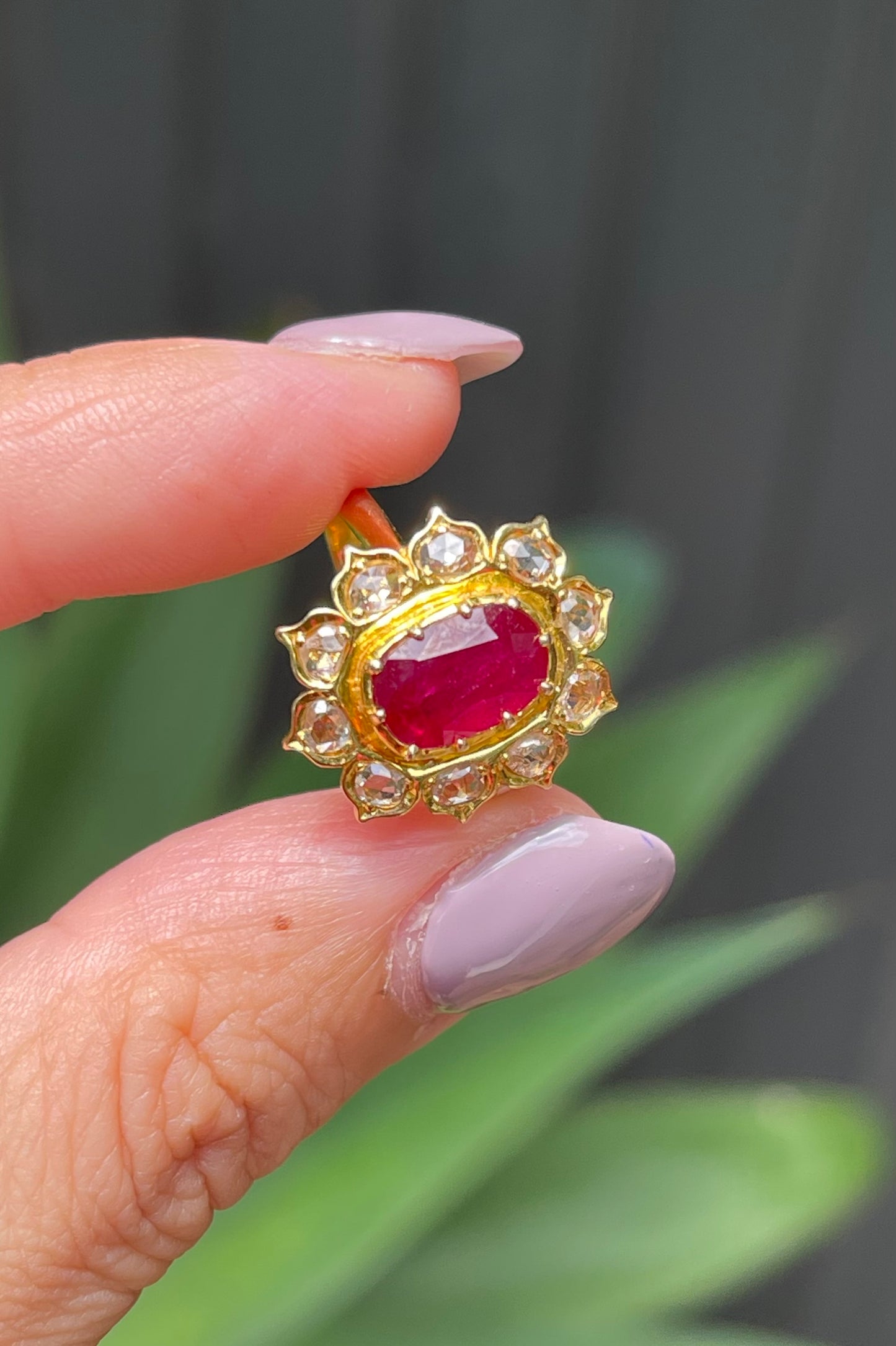 Antique style 2.5ct Ruby & Rose-Cut Diamond Cluster Ring in 14ct Yellow Gold