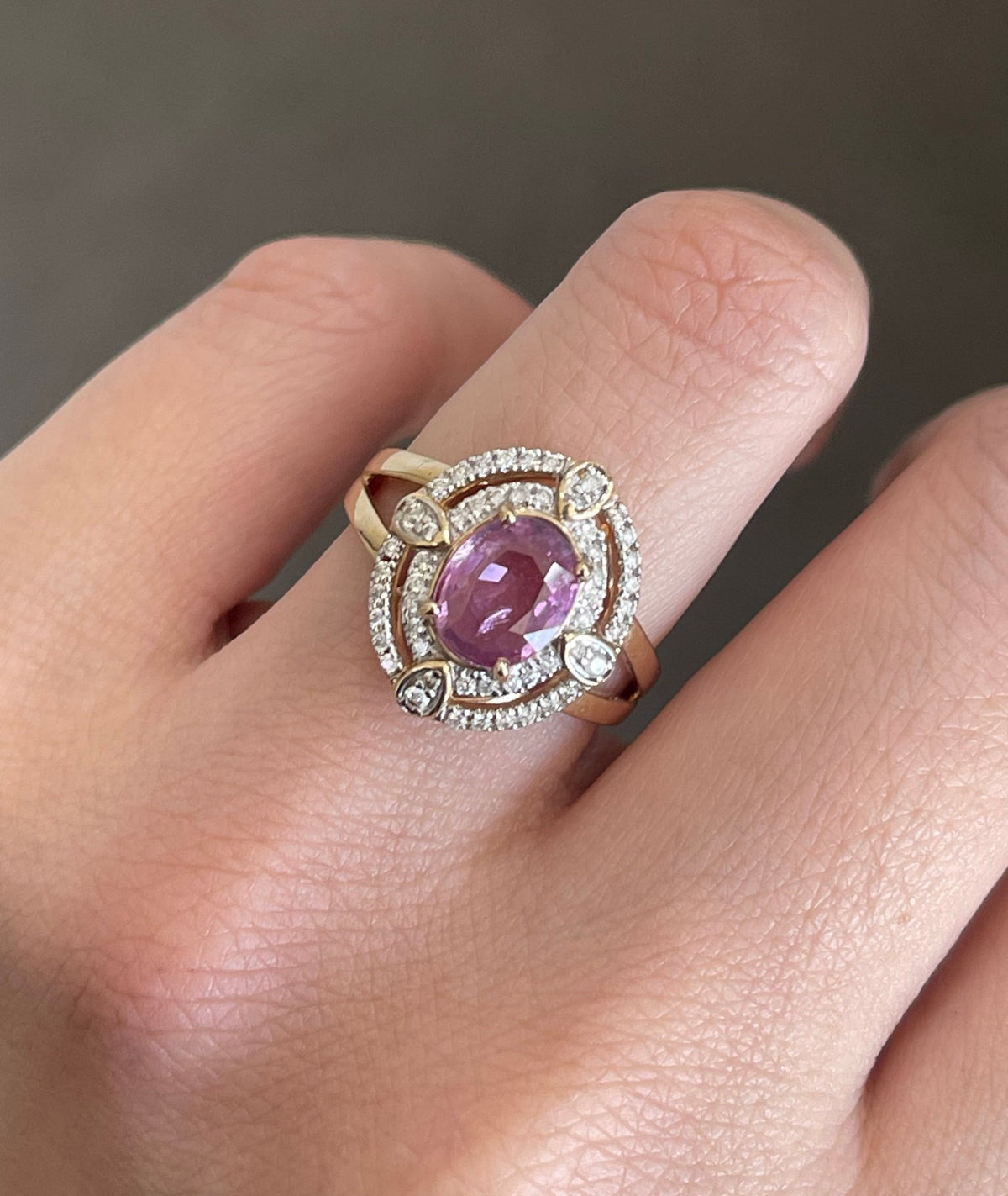 Art Deco Style Natural Pink Sapphire Diamond Halo Ring In 14ct Yellow Gold