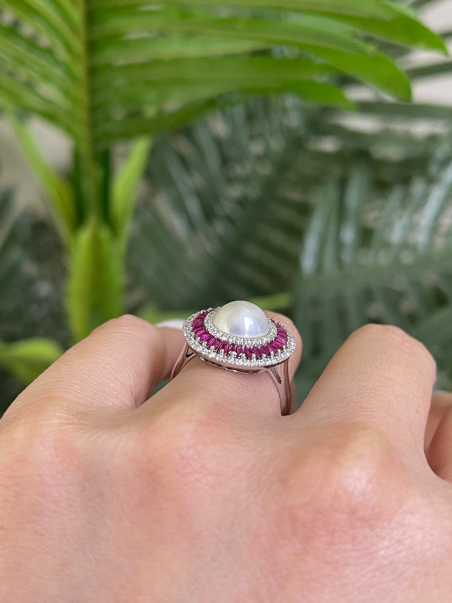 Art Deco Inspired Mabe Pearl Ruby Diamond Ring In 14ct White Gold