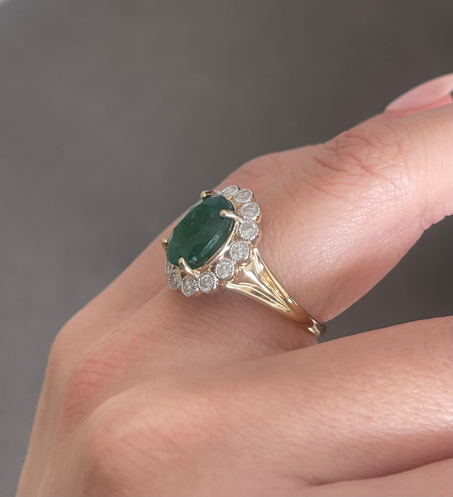Natural Emerald Diamond Halo Ring In 14ct Yellow Gold