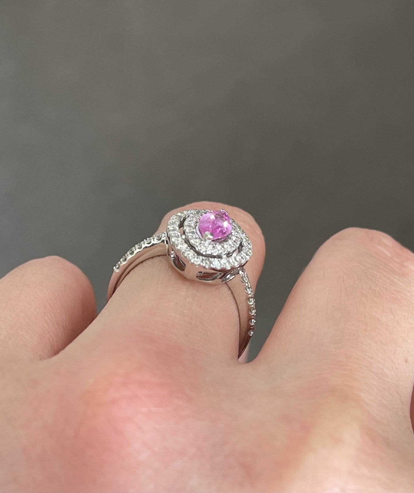 Natural Pink Sapphire Diamond Double Halo Ring In 14ct White Gold