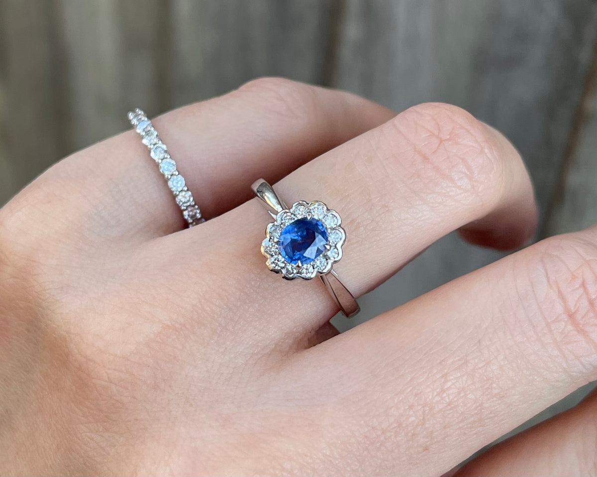 Natural Ceylon Sapphire Diamond Halo Ring In 9ct White Gold