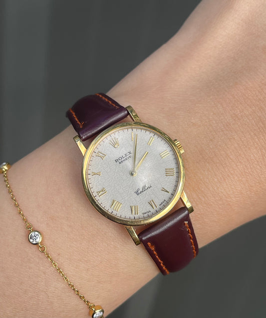Authentic Vintage Ladies Rolex Cellini Watch 18ct Yellow Gold - Burgundy leather strap