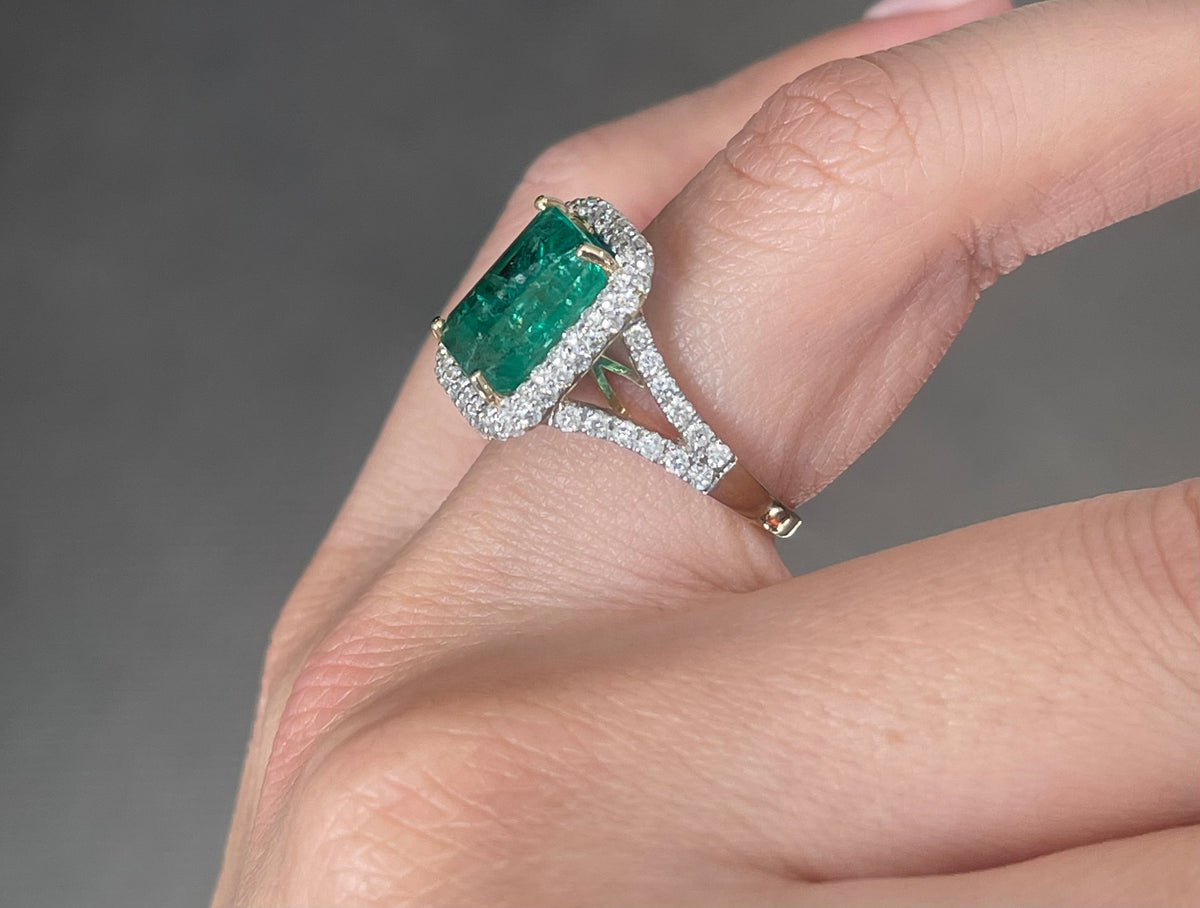 4.21ct Natural Emerald Diamond Halo Ring In 14ct Yellow Gold