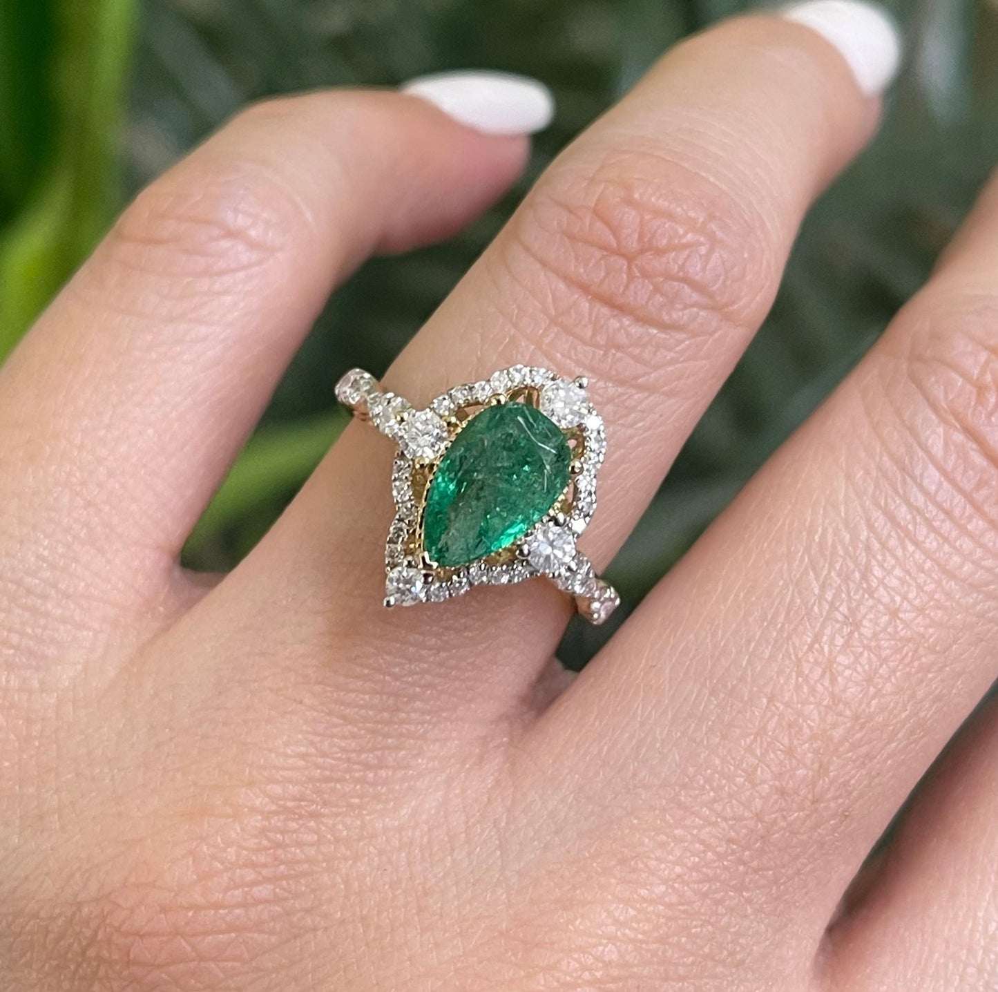 1.35ct Natural Pear Cut Emerald & Diamond Ring In 14ct Yellow Gold